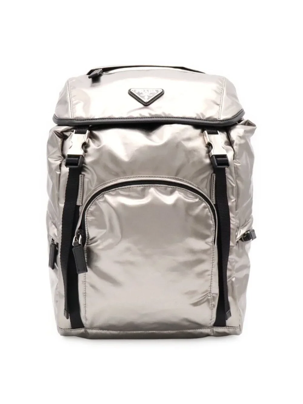 Prada Triangle Logo Backpack Shoulder Bag Nylon Metallic Silver